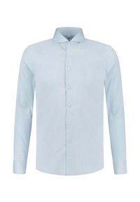 Lichtblauw langemouwen overhemd gemaakt van een gestructureerde stof. Heeft een hoge kraag, een volledige knoopsluiting aan de voorkant en knoopmanchetten.