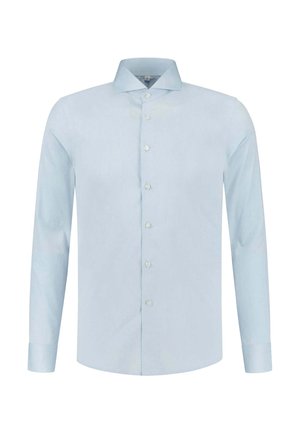 Lichtblauw langemouwen overhemd gemaakt van een gestructureerde stof. Heeft een hoge kraag, een volledige knoopsluiting aan de voorkant en knoopmanchetten.