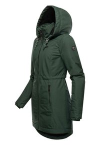 Green long jacket with a hood, zip closure, and side pockets. Made from smooth material with a soft, fuzzy interior lining.