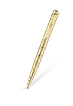 Arany tónusú golyóstoll texturált geometriai mintával és "VERSACE" márkajelzéssel a csíptetőn és a középső szalagon, enyhén felfelé döntve.