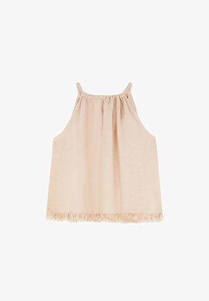 Top sin mangas de un suave color rosa claro con cuello fruncido, diseño fluido y detalle de dobladillo con flecos, confeccionado en una tela suave y texturizada.