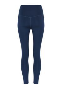 Tumesinised kõrge vöökohaga täispikkusega retuusid, millel on vöökohal ja sisereitel nähtavad õmblused.