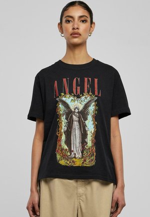 Black cotton t-shirt featuring a large graphic of an angel with wings, surrounded by flowers and vines, and the word "ANGEL" in red.