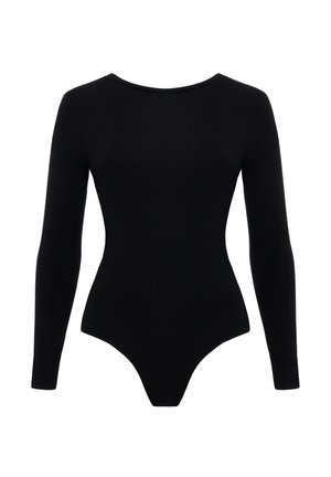 Czarny bodysuit z długim rękawem, z okrągłym dekoltem, dopasowanym krojem i gładką teksturą materiału. Bez dodatkowych ozdób ani wzorów.