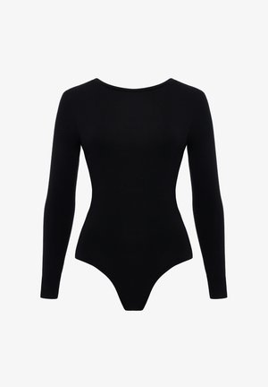 Czarny bodysuit z długim rękawem, z okrągłym dekoltem, dopasowanym krojem i gładką teksturą materiału. Bez dodatkowych ozdób ani wzorów.
