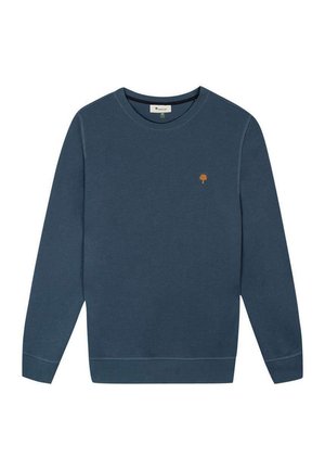 Donkerblauwe heren-sweatshirt met lange mouwen en ronde hals, met een klein oranje boomlogo op de linkerborst.
