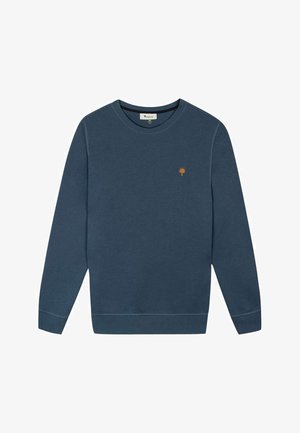 Dunkelblauer Herren-Sweatshirt mit Rundhalsausschnitt und langen Ärmeln, mit kleinem orangefarbenem Baum-Logo auf der linken Brust.