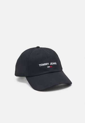 Casquette de baseball noire à visière courbée, brodée avec "TOMMY JEANS" et un petit logo rouge, blanc et bleu au centre avant.
