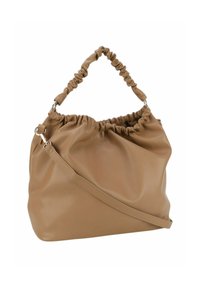 Sac en simili cuir marron avec un haut froncé et une ansse plissée. Il dispose d'une bandoulière amovible et d'une texture de surface lisse.