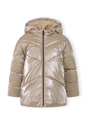 Veste d'hiver matelassée beige brillante avec capuche, fermeture éclair à l'avant et motif chevron matelassé sur les manches et le corps.