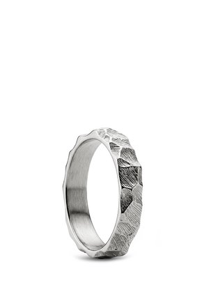 Hopeasormus, jossa on hakattu, teksturoitu pinta ja epäsäännölliset reunat, seisoo pystyasennossa valkoisella taustalla.