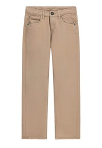 Beżowe dżinsy o prostych nogawkach z pięcioma kieszeniami, metalowym zapięciem na guzik oraz kontrastującym przeszyciem. Gładka faktura z minimalnymi detalami.