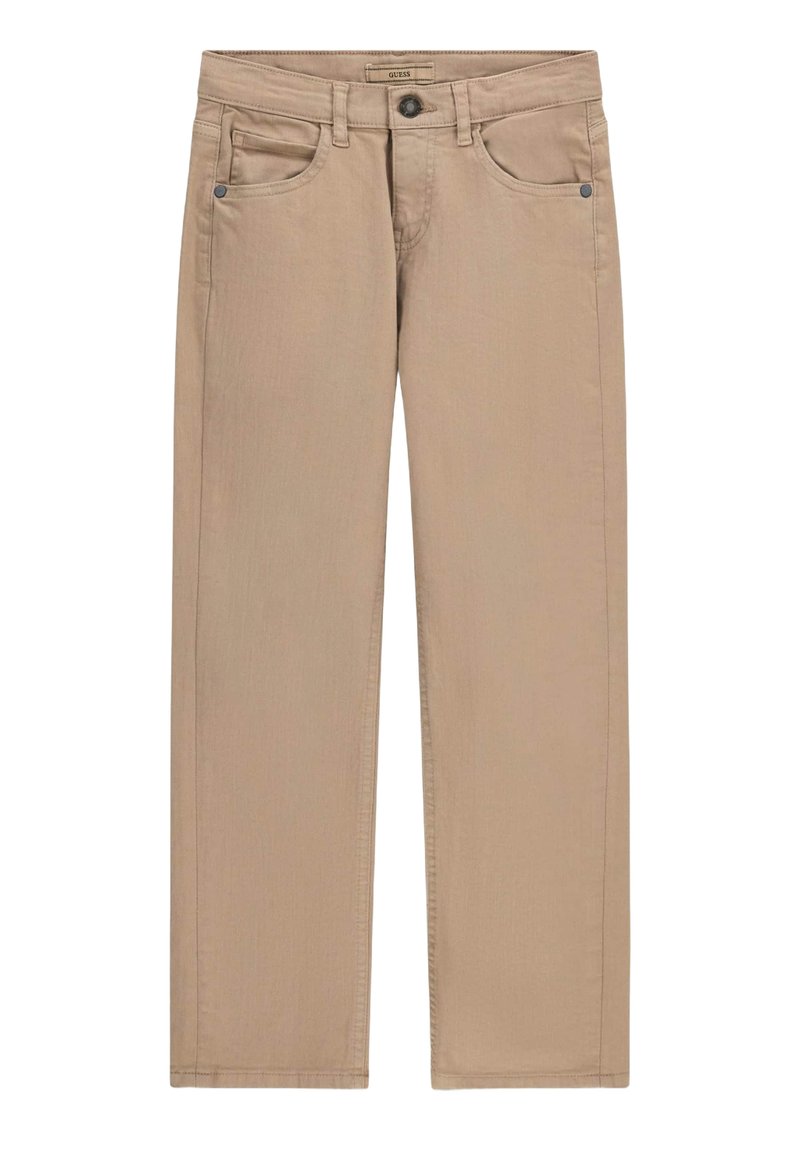 Beżowe dżinsy o prostych nogawkach z pięcioma kieszeniami, metalowym zapięciem na guzik oraz kontrastującym przeszyciem. Gładka faktura z minimalnymi detalami.