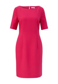 Robe rose ajustée avec des manches courtes, encolure structurée et coutures en biais. Fermeture à zip au dos ; tissu lisse et de poids moyen.
