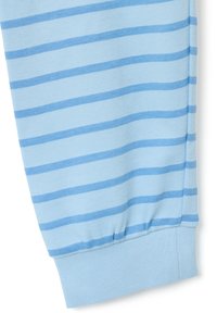 Pantalones deportivos de color azul claro con rayas horizontales en varias tonalidades de azul, con un puño acanalado en el dobladillo. Estructura de tejido de algodón.