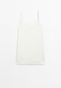 Weißes Tanktop mit dünnen Trägern, runder Ausschnitt und leichtem, weichem Material. Einfaches, schlankes Design.