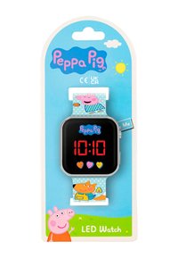 Peppa Pig LED-horloge met zwart digitaal scherm dat de tijd weergeeft, kleurrijke cartoonfiguurenband met Peppa en vrienden op een blauwe achtergrond.