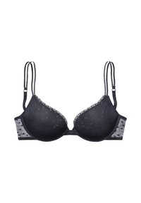 Melna krūšturis ar polsterētām kausēm, sarežģīta mežģīņu apdare un caurspīdīgas ķīļveida malas ar maziem sirds rakstiem. Iekļautas regulējamās siksnas.