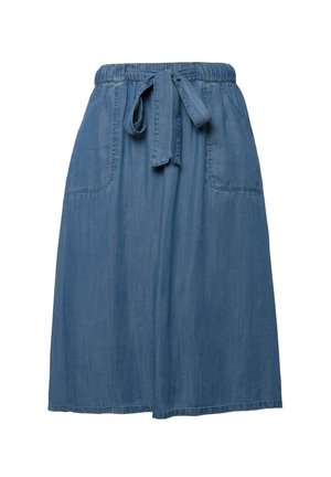 Denim-Midi-Rock mit einem Kordelzug-Bund, zwei vorderen Taschen und lockerer Passform. Hellblaue Farbe mit glatter Textur und schlichtem Design.