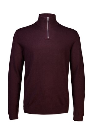 Pullover longo de manga longa em bordô escuro, com gola alta de zíper até meio e punhos e bainha canelados, exibido sobre um fundo branco.