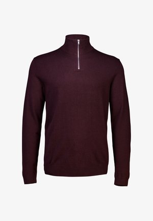 Tume burgundia pikkade varrukatega pullover, millel on poolkruviga kaelus ja soonikkoes varrukate otstes ja allääres, esitlemisel valgel taustal.