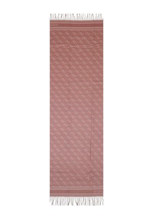Lunga sciarpa rosa con motivo a diamanti e frange alle due estremità, con il logo Guess vicino ai bordi.