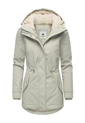 Veste imperméable gris clair avec doublure en peluche, taille ajustable par cordon, fermeture éclair à l'avant et deux poches latérales. Équipée d'une capuche et de poignets côtelés.