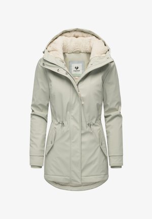 Light gray waterproof jacket with a fluffy lining, adjustable drawstring waist, zippered front, and two side pockets. Features hood and ribbed cuffs.