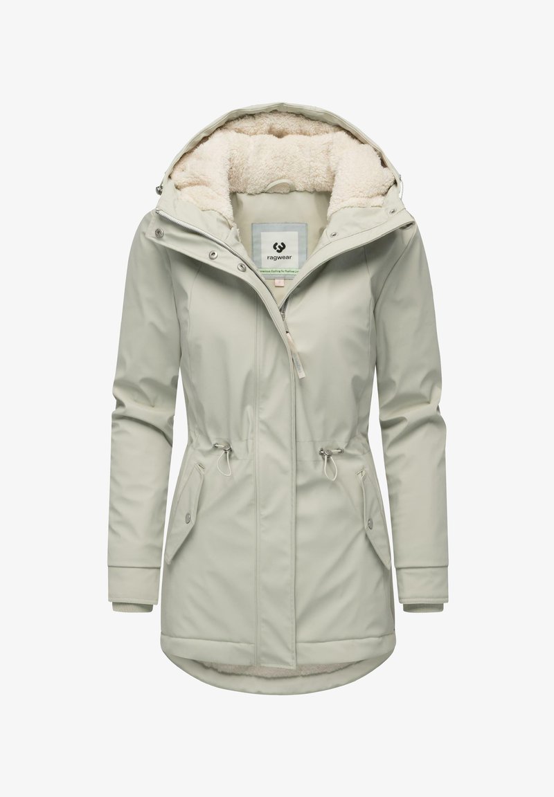 Lys grå vandtæt jakke med en blød foering, justerbar snor i taljen, lynlås foran og to sidelommer. Har hætte og ribstrikkede manchetter.