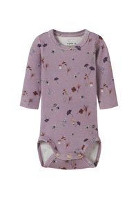 Body bébé violet à manches longues avec des motifs floraux et de champignons, trois boutons-pression en bas pour la fermeture.