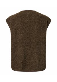 Chaleco de forro polar sin mangas de color marrón oscuro con un tejido texturizado y rizado y bordes recortados, mostrado desde atrás.