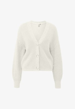 Biały dzianinowy kardigan z dekoltem w serek, długimi rękawami i skróconym fasonem. Posiada cztery guziki z przodu oraz prążkowane mankiety.