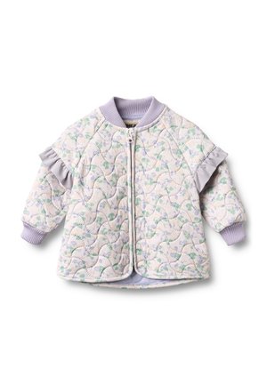 Gestepptes Babyjacke mit pastellfarbenem Blumenmuster, lavendelfarbenem, geripptem Kragen und Bündchen sowie gerafftem Stoffdetail an den Ärmeln, Reißverschluss vorne.