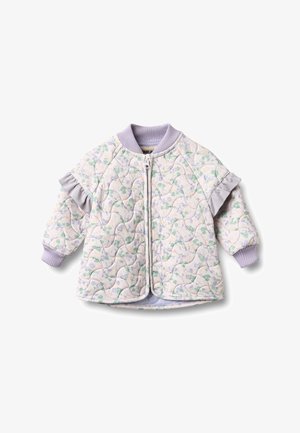 Veste matelassée pour bébé avec motif floral pastel, col et poignets côtelés lavande, et détail en tissu à volants sur les manches, fermeture éclair à l'avant.