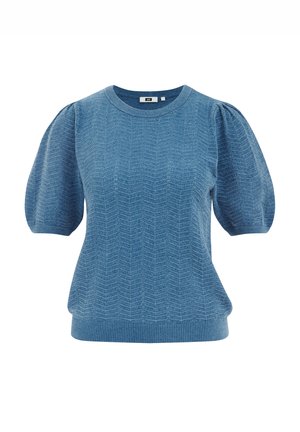 Plavi pleteni pulover s kratkim napuhanima rukavima, s teksturiranim chevron uzorkom i rebrastim rubom. Okrugli izrez i pripijen struk.