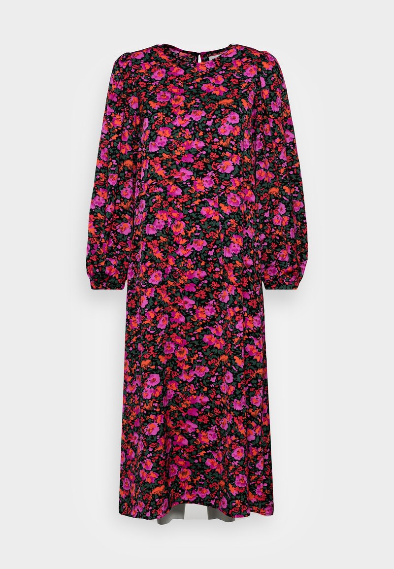 Blomsterkjole med lange ærmer, sort baggrund, farverige pink og orange blomster, rund halsudskæring, knælang, letvægtsstof.
