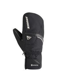 Moufles noires avec une paume en cuir renforcé, tissu GORE-TEX et poignet élastique. Présente un logo et un design élégant et épuré.