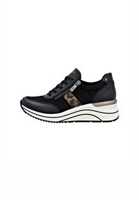 Schwarzer Sneaker aus einer Kombination von Leder und Stoff, mit einem seitlichen Reißverschluss, einem Akzent im Leopardenmuster, einer weißen Mittelsohle und einer strukturierten Sohle.