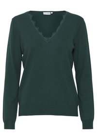 Grüner langärmeliger Pullover mit V-Ausschnitt, der mit einem Fransenrand um den Ausschnitt versehen ist. Hergestellt aus einem weichen Strickstoff mit lässiger Passform.