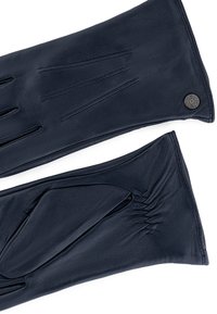 Marineblaue Lederhandschuhe mit glatter Textur, schlankem Design, mit Stickdetails und einem Logoakzent nahe dem Bündchen.