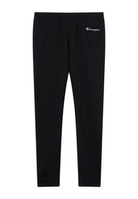 Leggings negros hechos de una mezcla de algodón, con un diseño ajustado, cinturilla elástica y un pequeño logotipo bordado en blanco en la cadera.