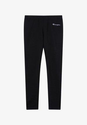 Leggings noirs en tissu mélangé de coton, présentant un design ajusté, une taille élastique et un petit logo blanc brodé au niveau de la hanche.