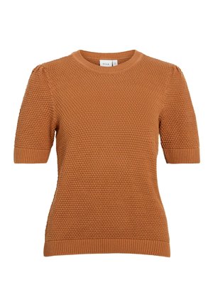 Maglione a maniche corte in maglia lavorata a rilievo color arancione bruciato con scollo rotondo e polsini e orlo a coste.