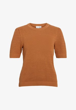 Maglione a maniche corte in maglia lavorata a rilievo color arancione bruciato con scollo rotondo e polsini e orlo a coste.