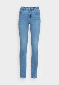 Jeans a vita alta, a gamba dritta in denim blu chiaro. Presentano cinque tasche, passanti per cintura e una leggera scoloritura per un look casual.