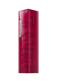 Maybelline Super Stay Vinyl Ink dans un étui glossy rouge foncé avec des lettres en relief. Le design est rectangulaire avec une finition élégante.