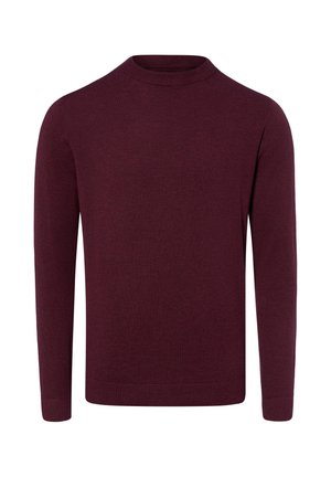 Pull à manches longues col rond de couleur bordeaux foncé uni avec col, poignets et ourlet côtelés, présenté sur fond blanc.