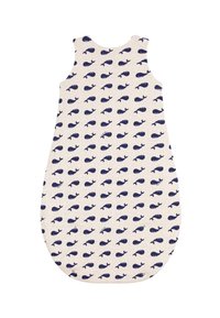 Rankovių medvilninis kūdikio miegmaišis šviesios kremas spalvos su tamsiai mėlyno banginio raštu; apvalus apačia ir saugūs spaustukai ant pečių.