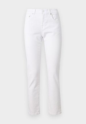 Hvite denimjeans med rette ben, fem lommer og metallknapplukking, som har en glatt tekstur og minimal søm.