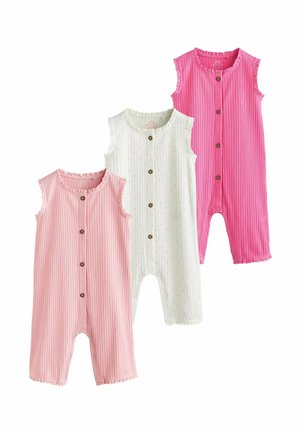 Three sleeveless ribbed baby rompers in pink, white with pink dots, and bright pink, each with front buttons and snap closures at legs.